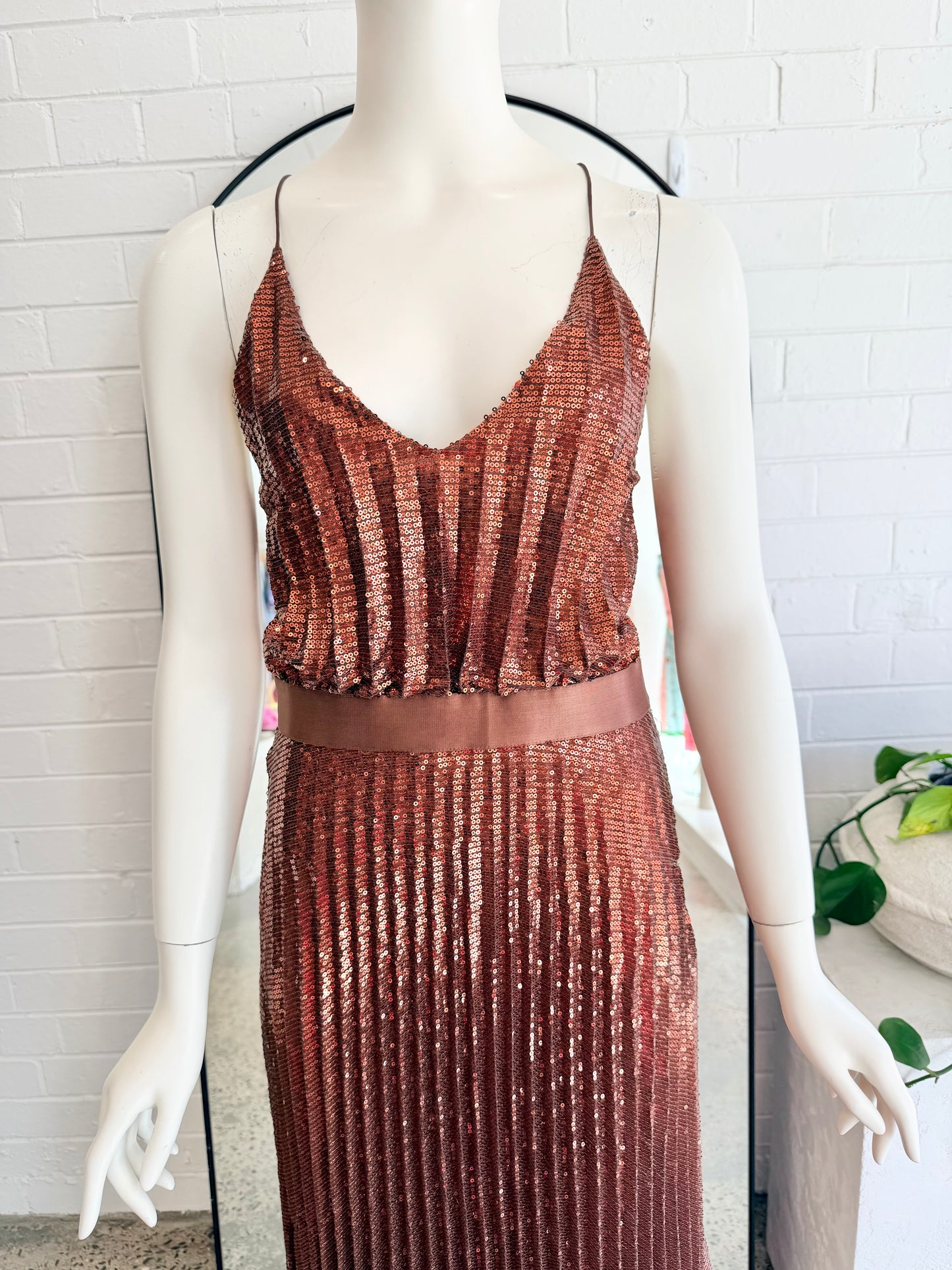 Flannel Copper Sequin Pices Cami Midi Dress - Size 1 (8) - Pre-Loved Geelong