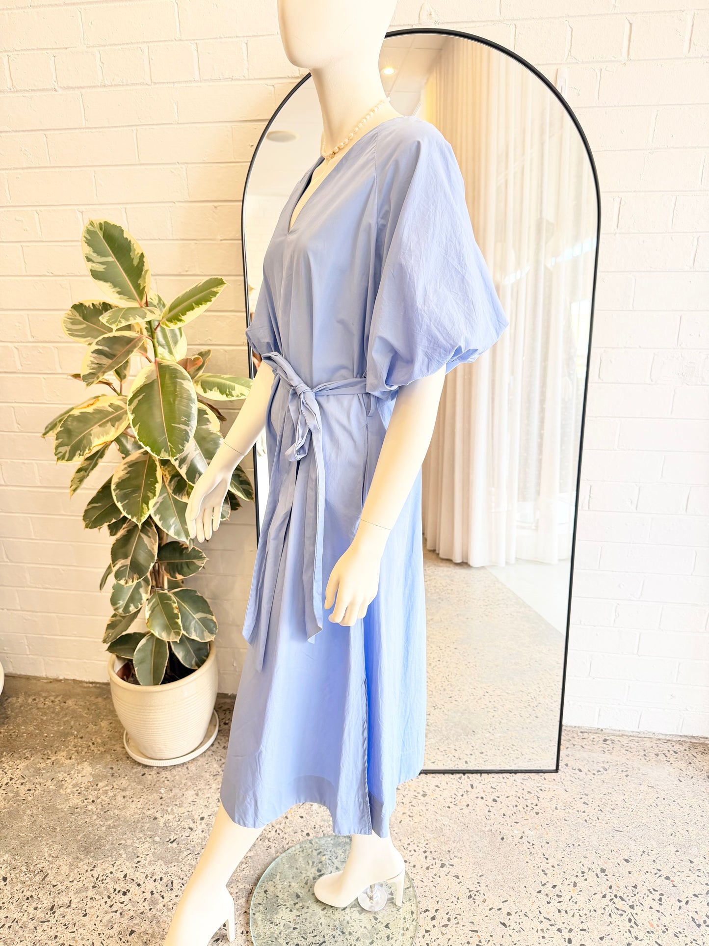 365 Days Blue Cotton Puff Sleeve Midi Dress - Size L