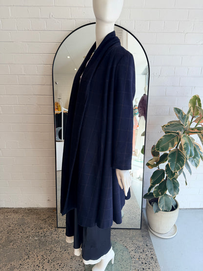 Alpha 60 Navy Check Wool Blend Coat - Size L