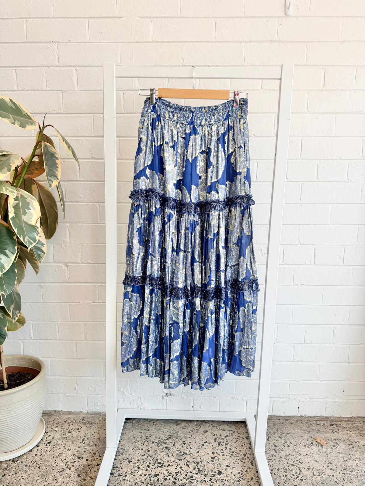 Miss June Metallic Tiered Maxi Skirt in Blue - One Size (10-14)