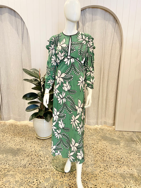 Husk Silk Dress in Green/White Leaf Print- Size 12