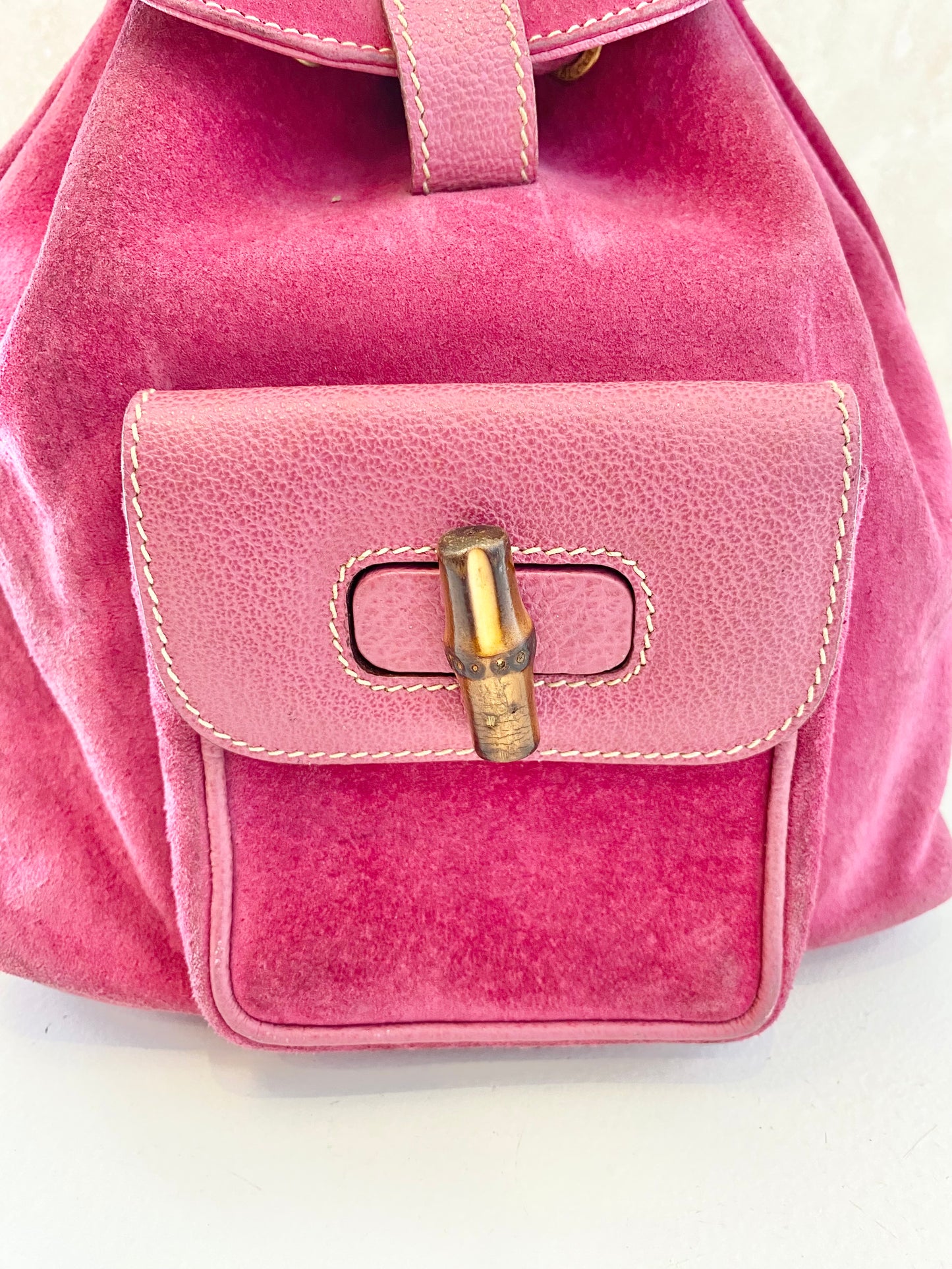 GUCCI Pink Suede Bamboo Drawstring Backpack