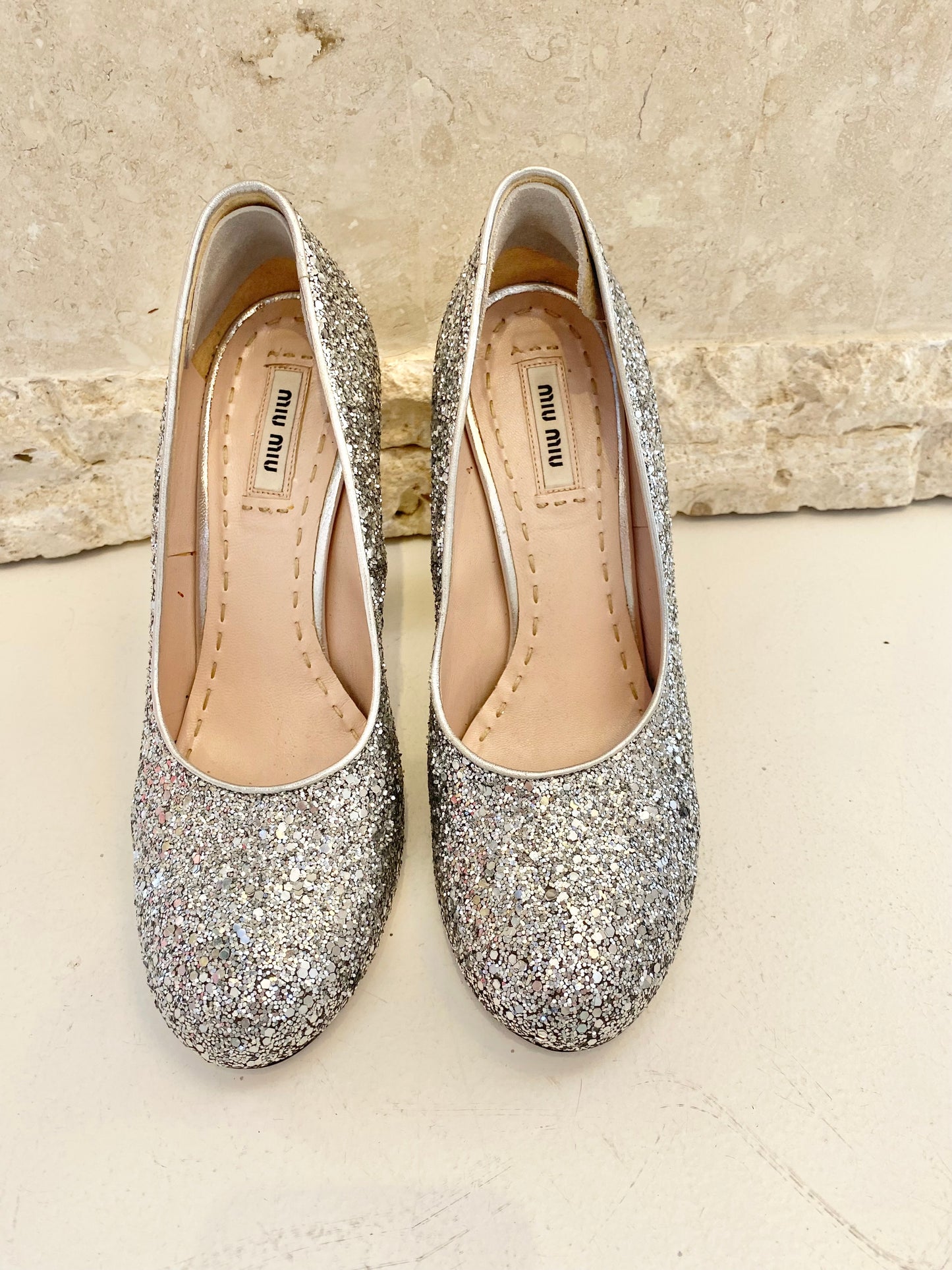 Miu Miu Silver Glitter Pumps - Size 39