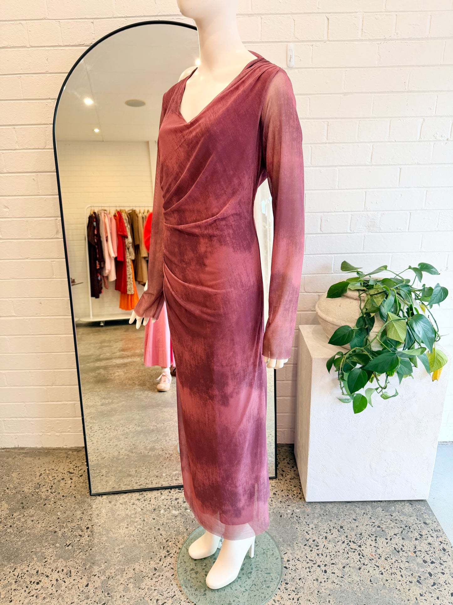 ZARA Mesh V Neck Maxi Dress in Burgundy - Size XL (14)