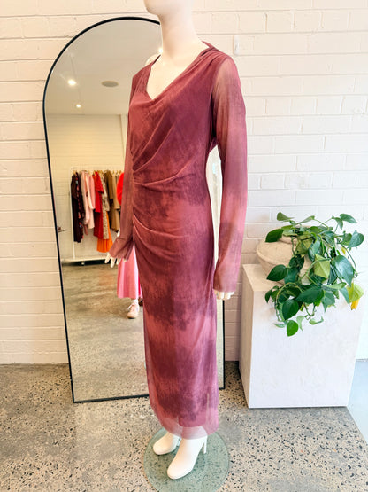 ZARA Mesh V Neck Maxi Dress in Burgundy - Size XL (14)