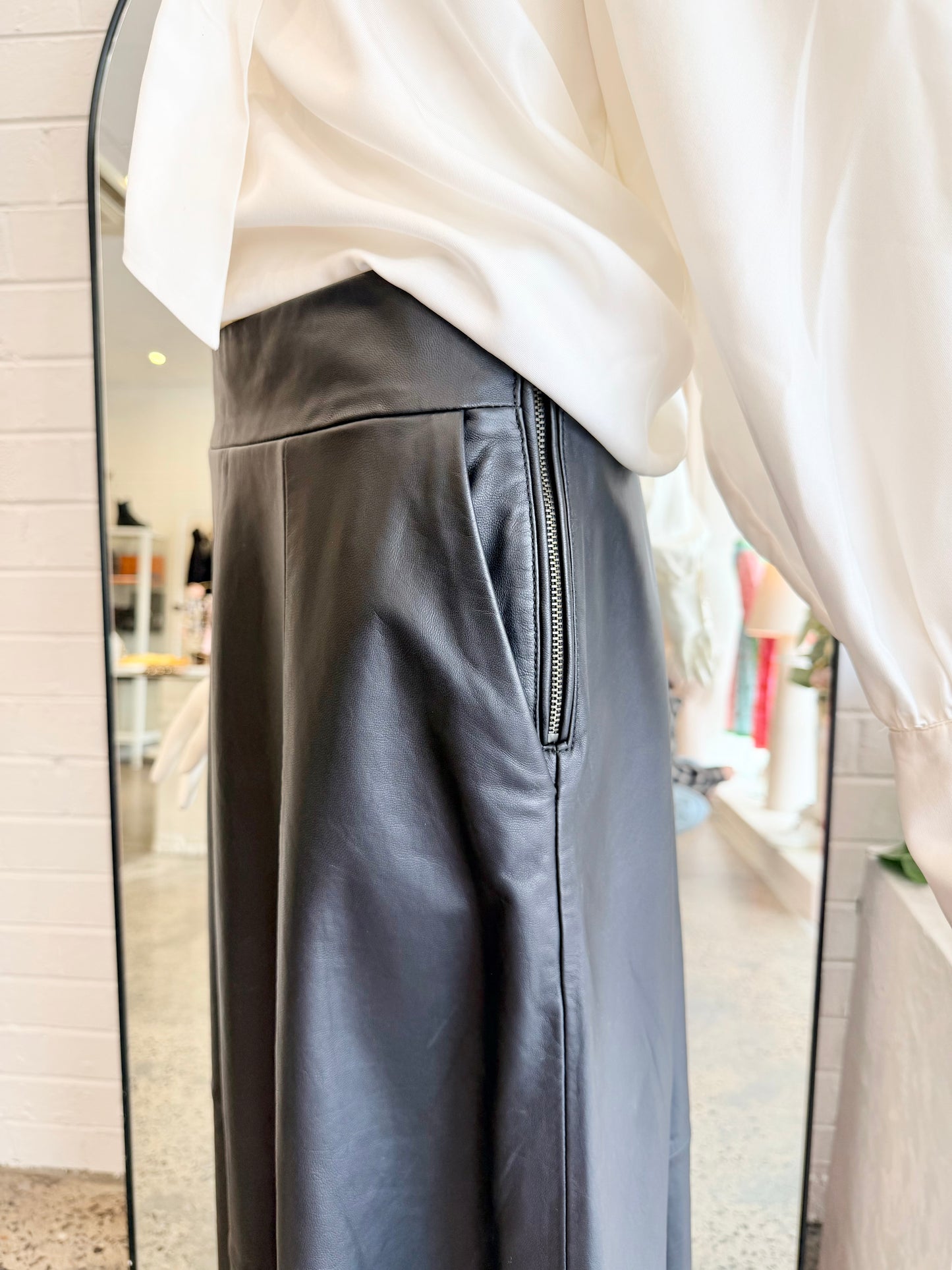 Witchery Leather Midi Skirt in Black - Size 8 - Pre-Loved Geelong