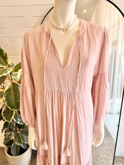 Pearl and Caviar Blush Cotton/Linen Blend Midi Dress - Size M/L