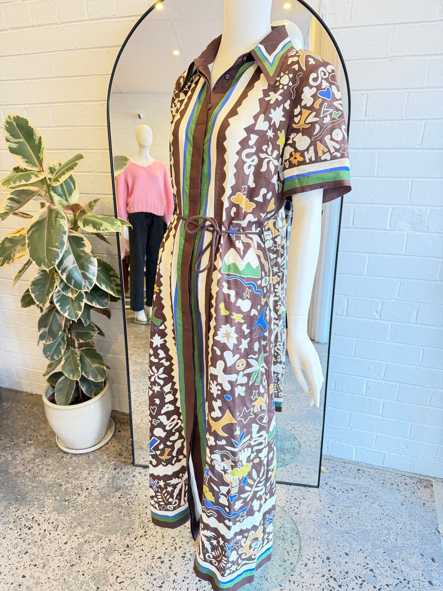 Alemais Brown Maroc Printed Linen Shirt Dress - Size 12