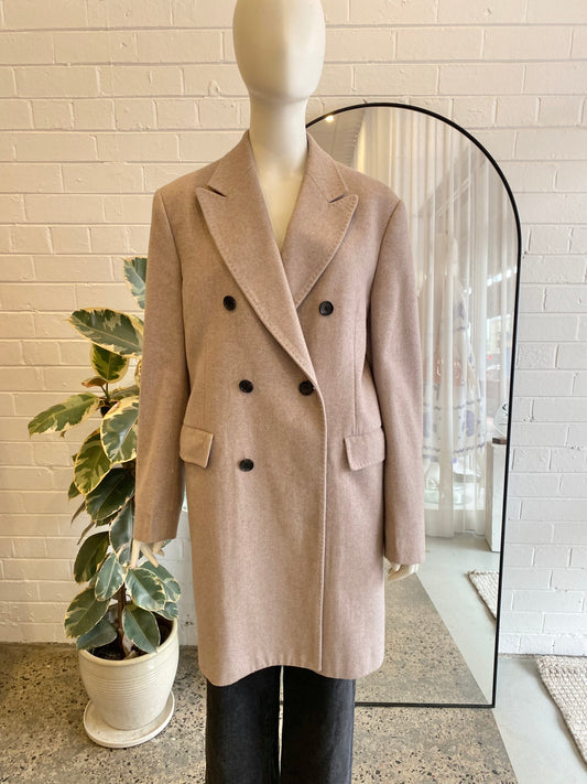 Custom Made Taupe Wool Double Breasted Coat - Size 12