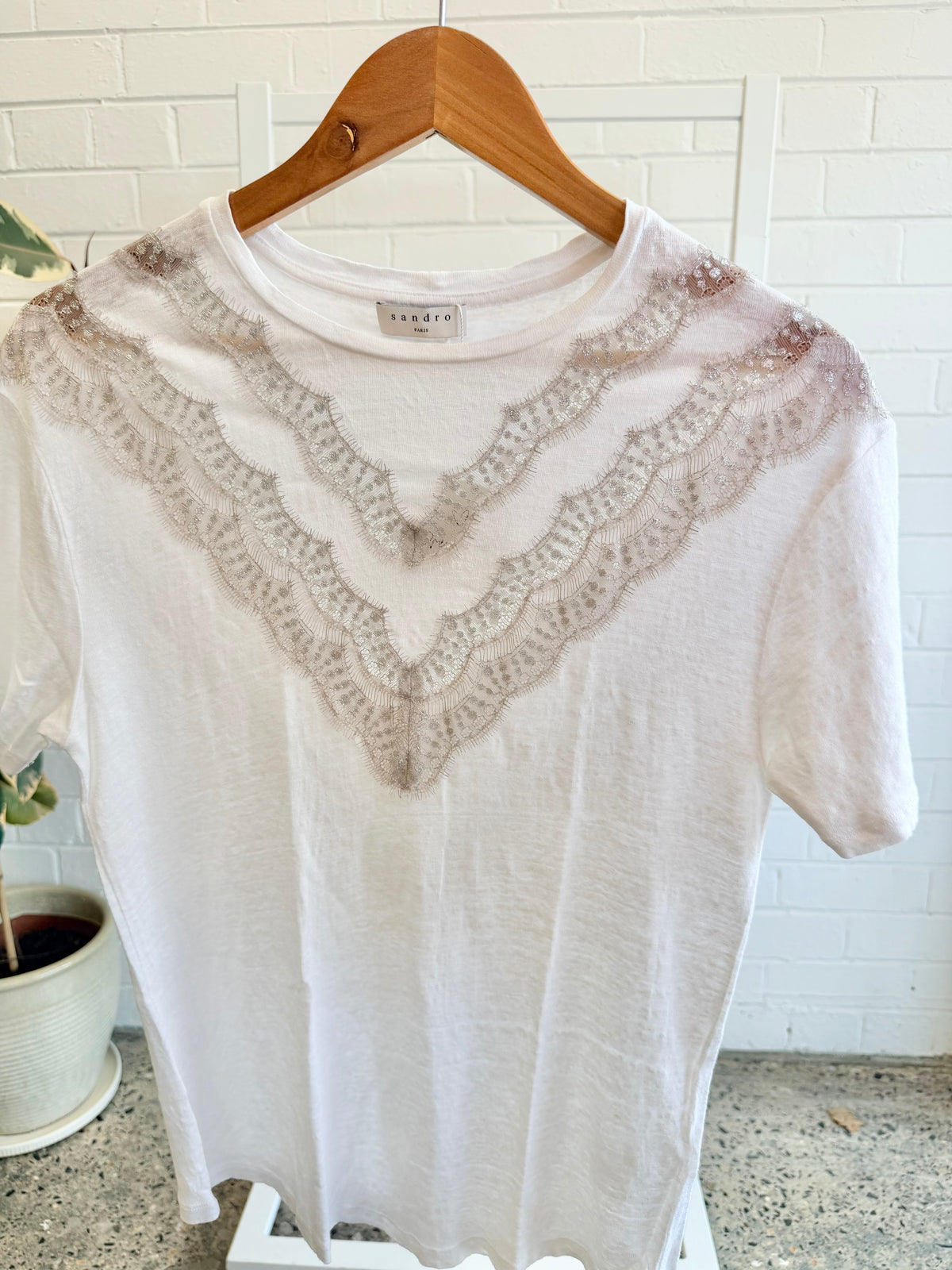 Sandro White Linen Lace Tee - Size 8
