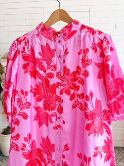 Alessandra Floral Silk Midi Shirt Dress - Size L (12)