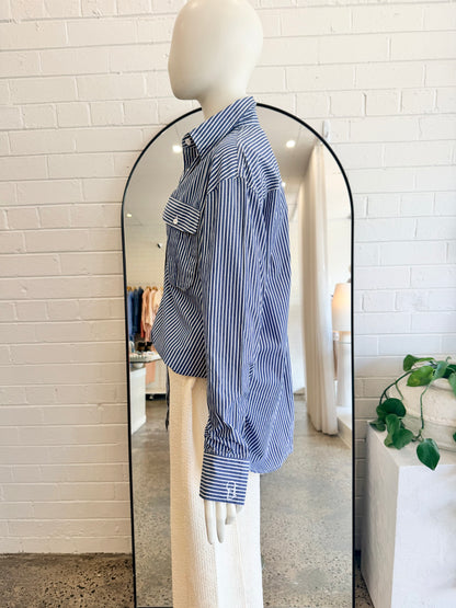 ODE Oversized Shirt in Blue/White stripe - Size 8 - Pre-Loved Geelong