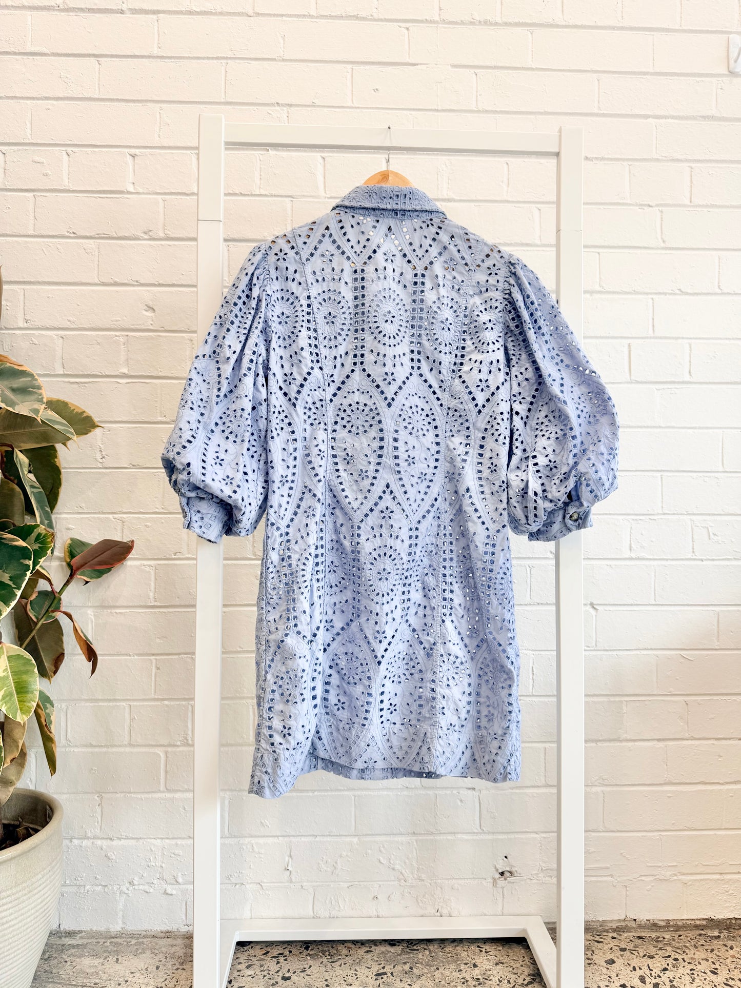 Ganni Blue Broderie Anglaise Balloon Sleeve Mini Shirt Dress - Size 8