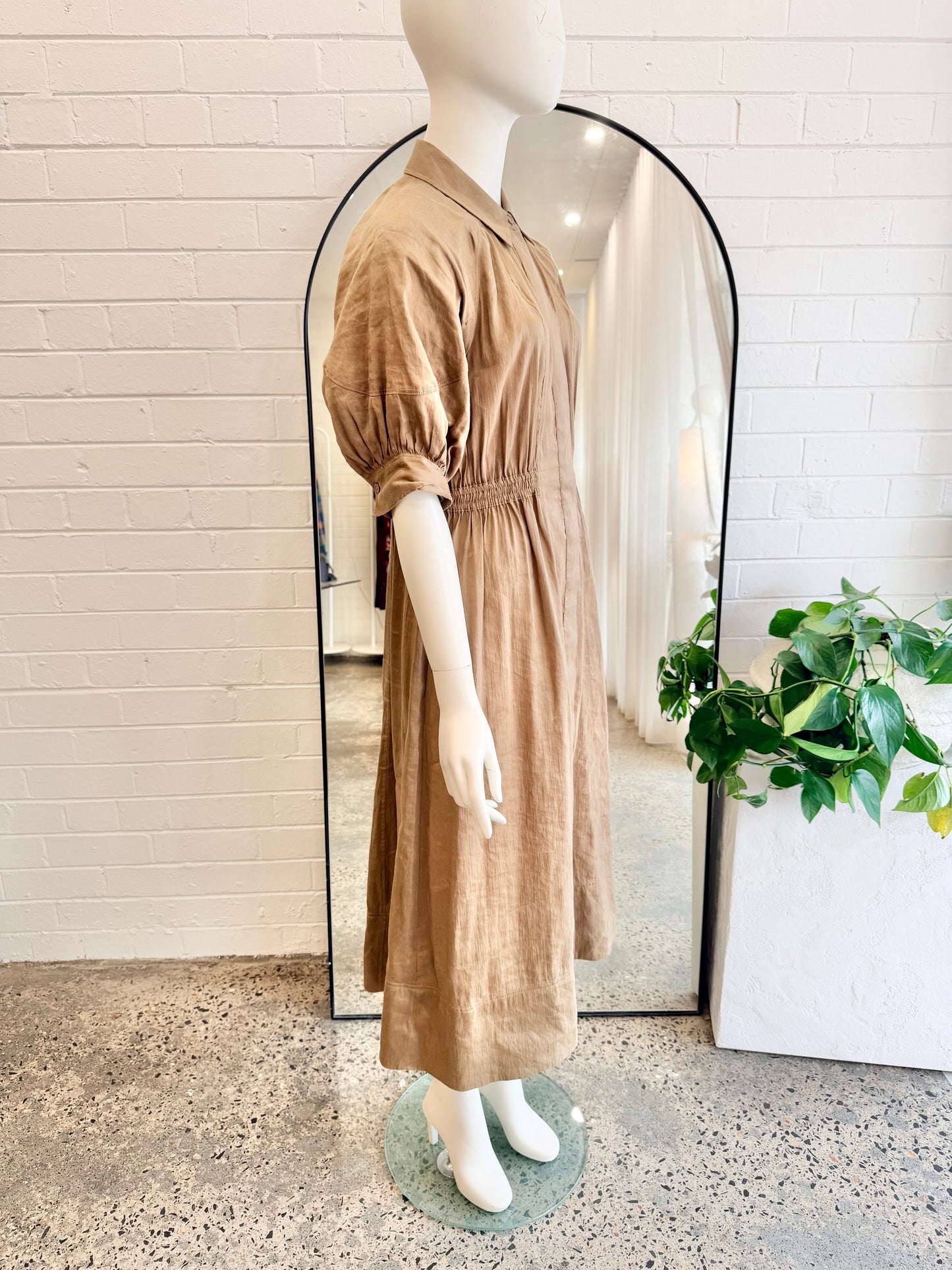 Country Road Mocha Linen Blend Fluid Cinched Shirt Dress - Size 8