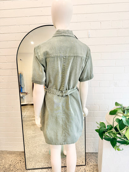 Ena Pelly Belted Denim Dress in Sage green - Size 12