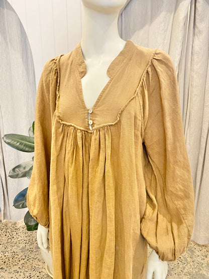 Kinga Csillia Tan Linen Midi Dress - Size 2 (10-12)