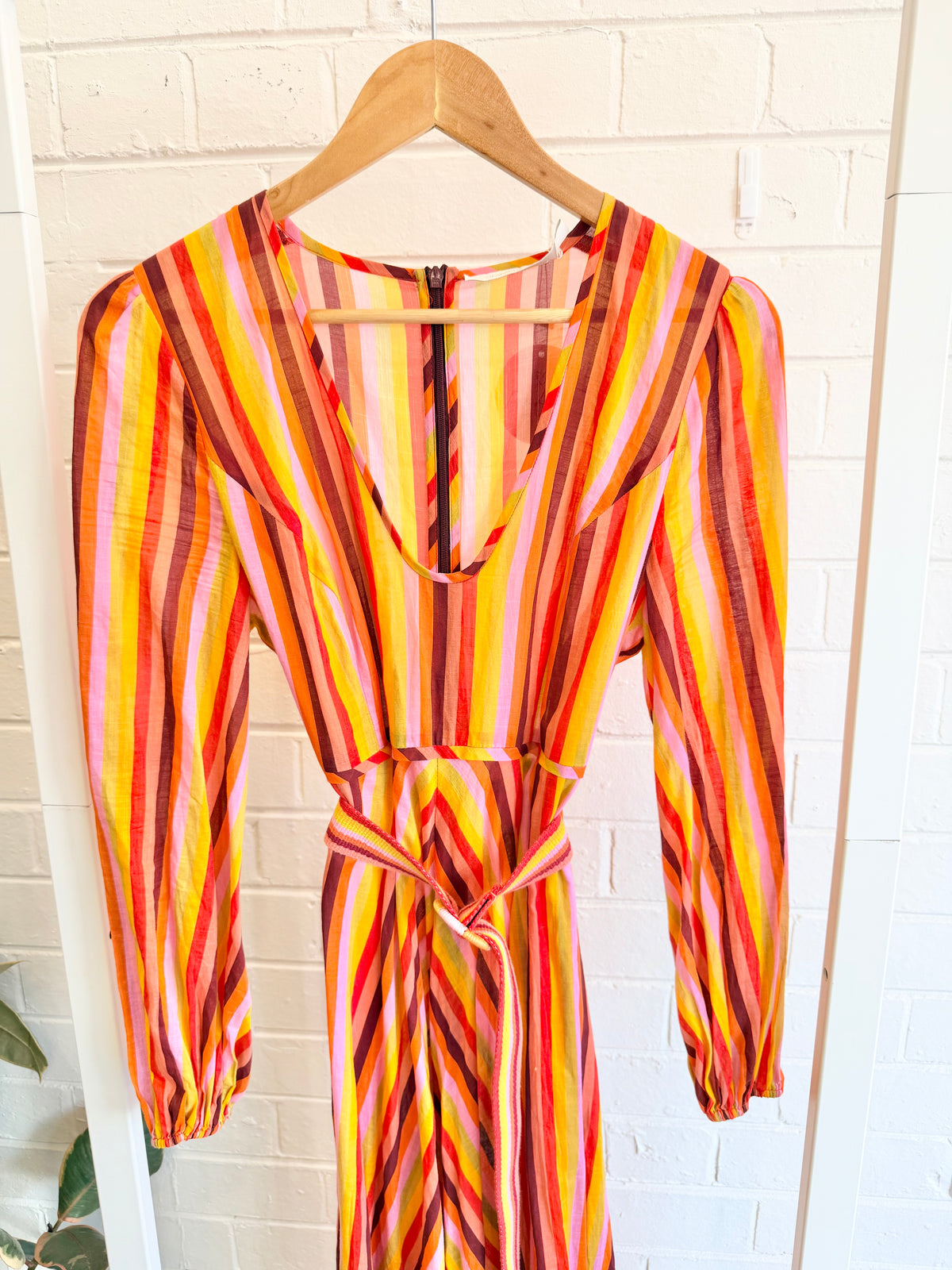 Zimmermann Goldie Plunge Dress in Rainbow Stripe - Size 3 (12-14)