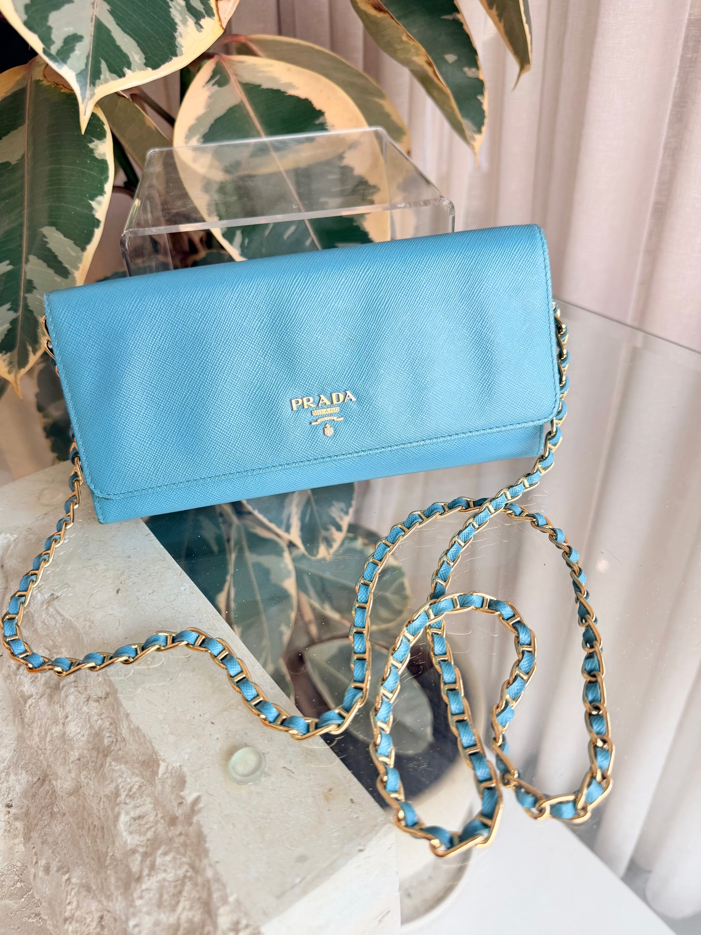 Prada Turquoise Saffiano Continental Flap Wallet on Chain