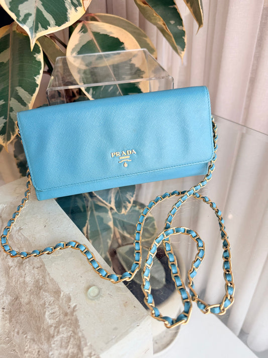 Prada Turquoise Saffiano Continental Flap Wallet on Chain