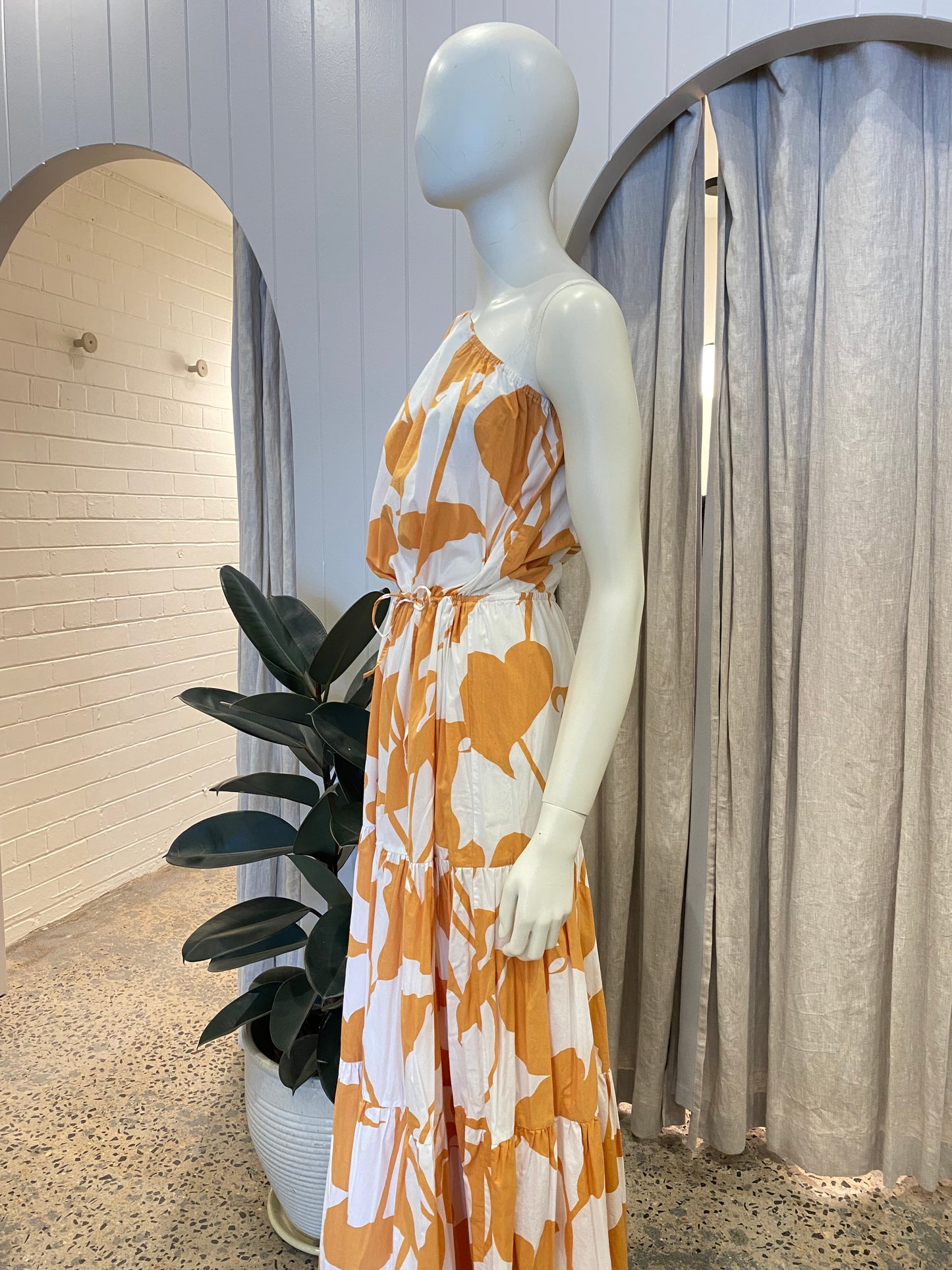 SWF Orange Floral One Shoulder Midi Dress - Size L (12/14)