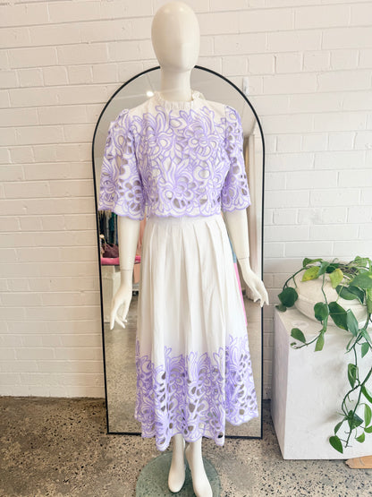 Sunfere Lilac Lace Skirt and Top Set - Size 10 - 12 - Pre-Loved Geelong