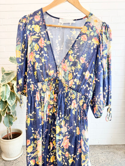Zimmermann Blue Zinnia Floral Linen Midi Dress - Size 2 (10)