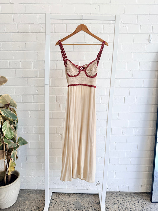 State of Georgia Cream/Burgundy Paradise Crochet Midi Dress - Size XS (6 - 8)