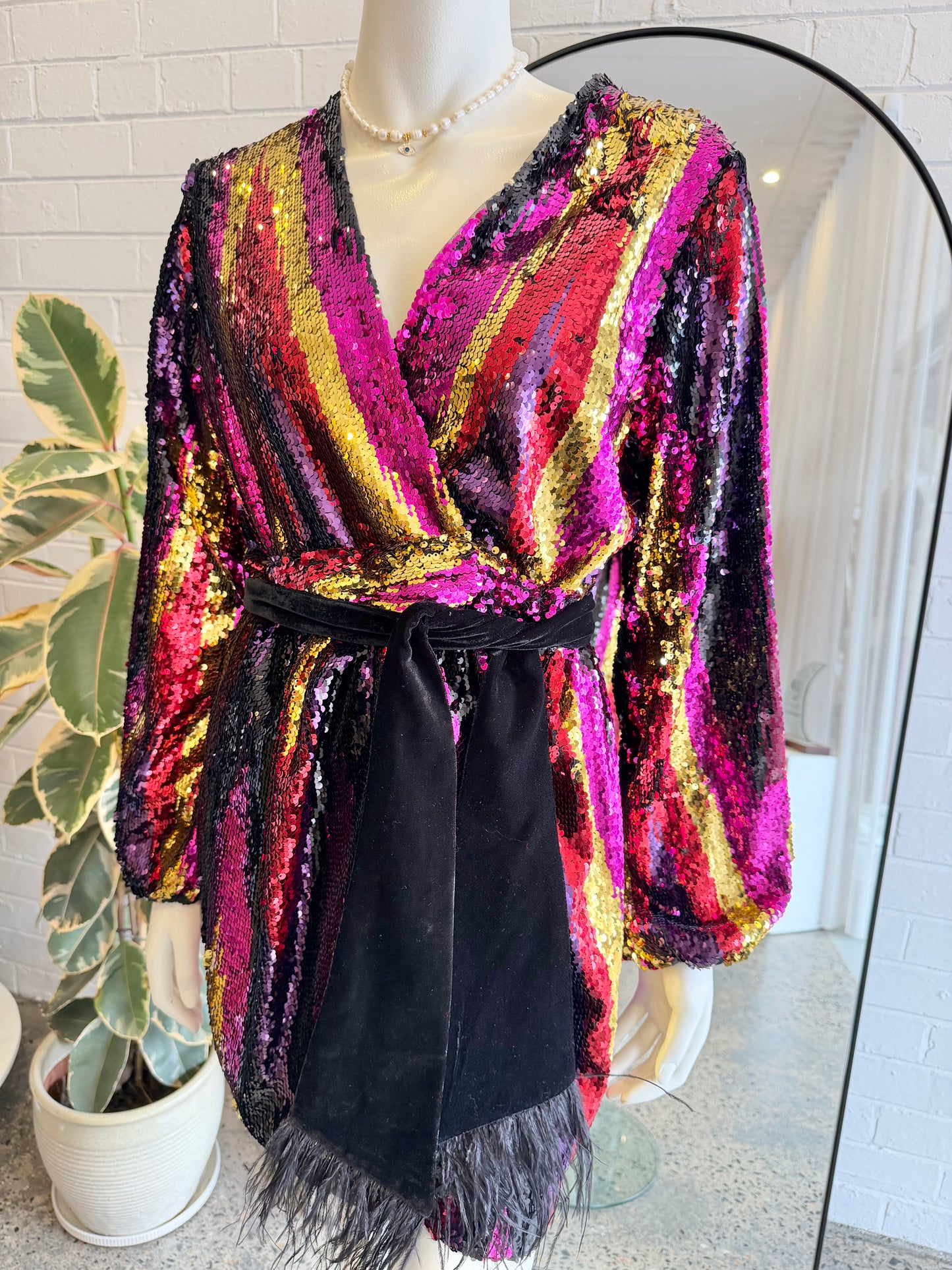 Rebecca Vallance Kaia Sequin Wrap Mini Dress - Size 8