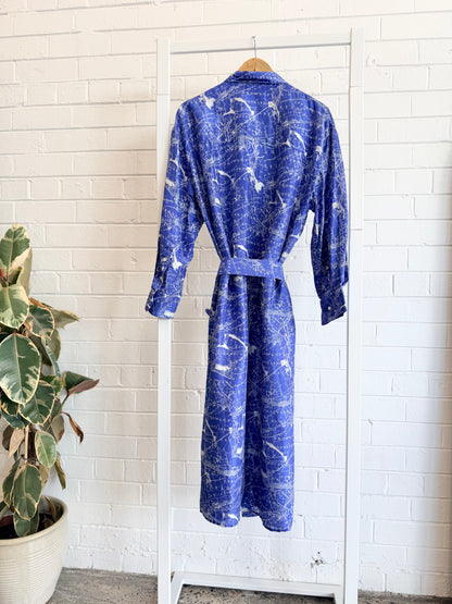 Oroton Blue Silk Map Print Midi Dress - Size 14