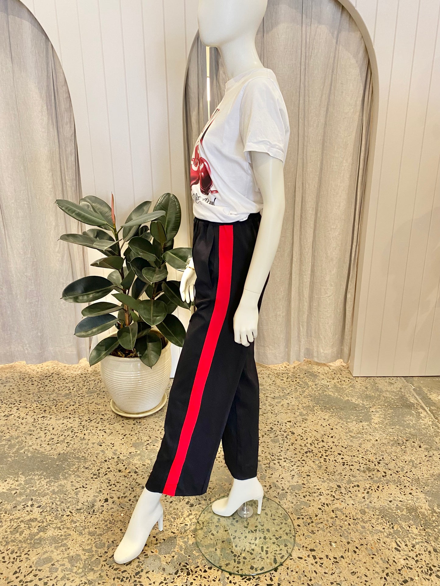 BASSIKE Twill Stripe Detail Pant in Black/Red - Size 1 (8/10)