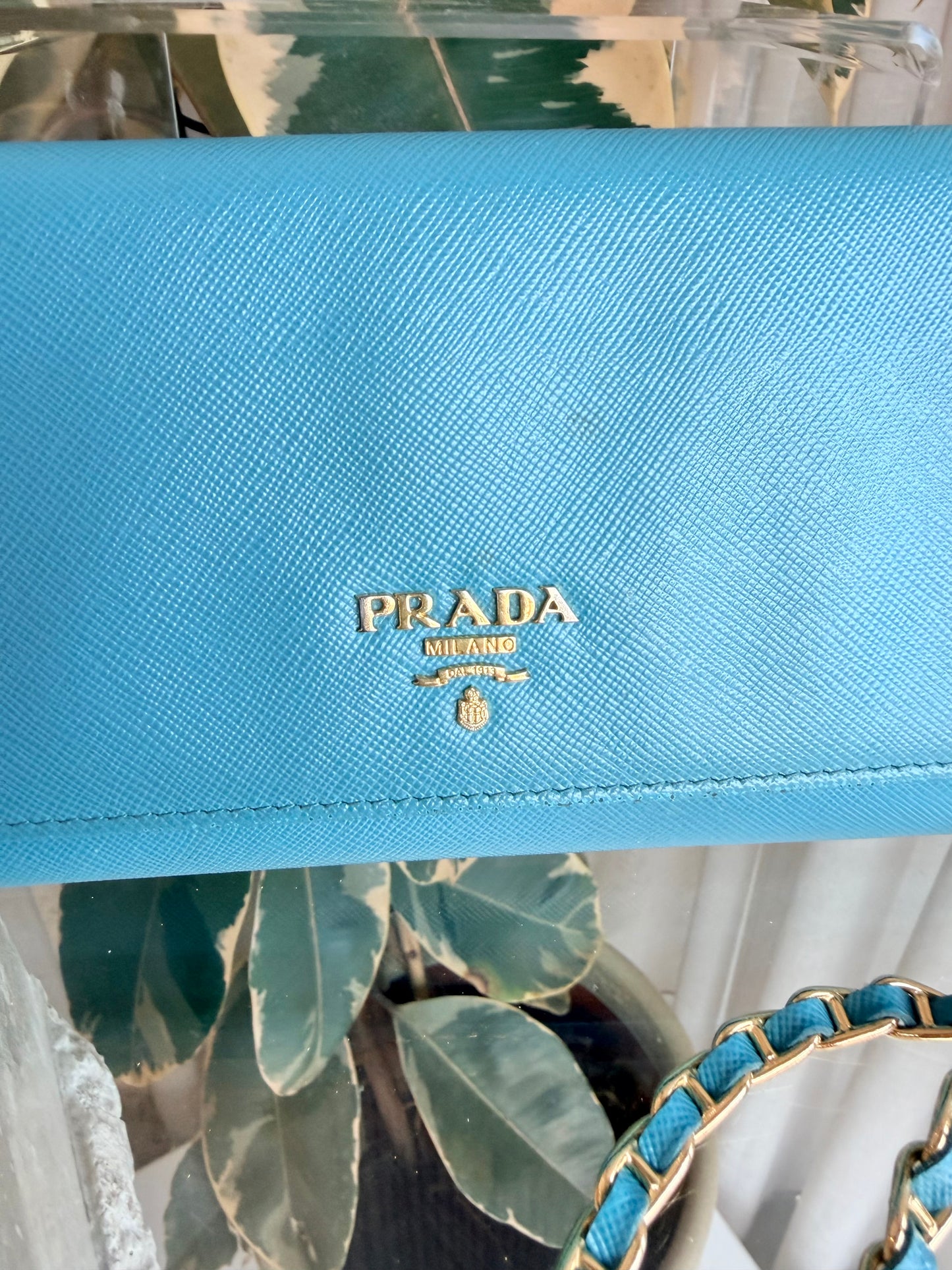 Prada Turquoise Saffiano Continental Flap Wallet on Chain