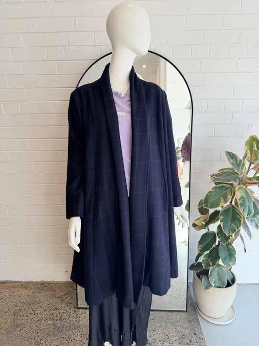 Alpha 60 Navy Check Wool Blend Coat - Size L