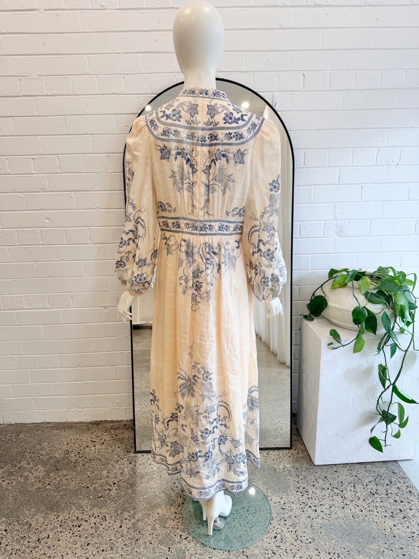 Zimmermann Cream and Blue Lucky Plunge Midi Dress - Size 3 (12) - Pre-Loved Geelong