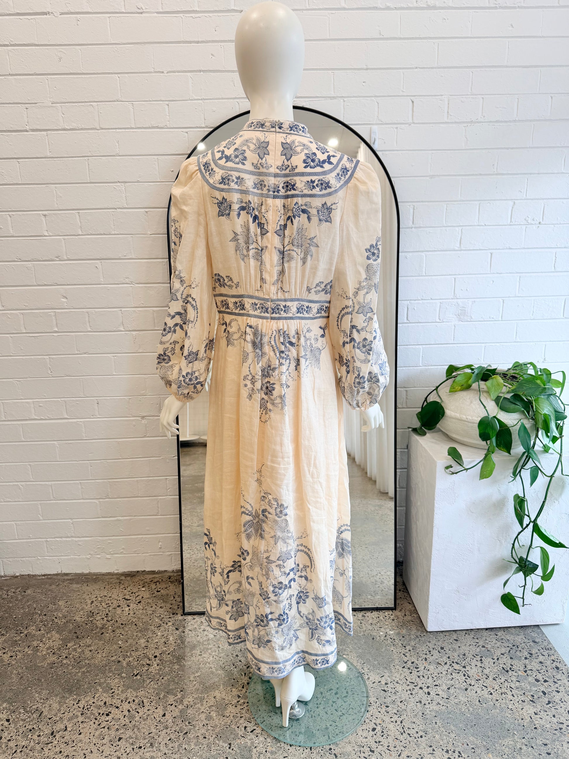 Zimmermann Cream and Blue Lucky Plunge Midi Dress - Size 3 (12) - Pre-Loved Geelong