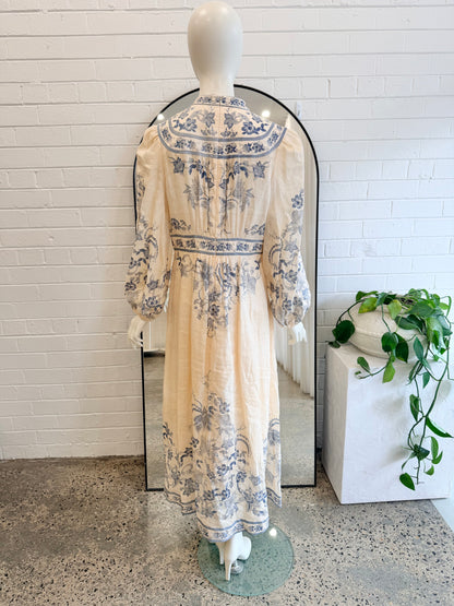 Zimmermann Cream and Blue Lucky Plunge Midi Dress - Size 3 (12) - Pre-Loved Geelong