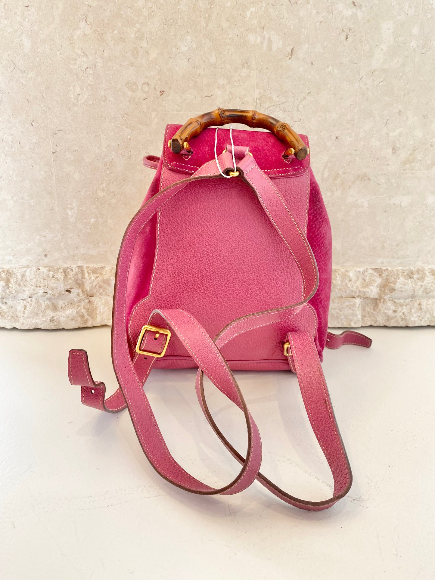 GUCCI Pink Suede Bamboo Drawstring Backpack