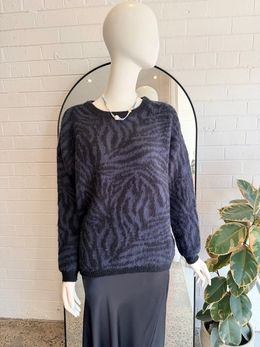 Yaya Black and Blue Zebra Print Knit Jumper - Size Small