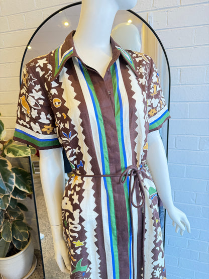 Alemais Brown Maroc Printed Linen Shirt Dress - Size 12