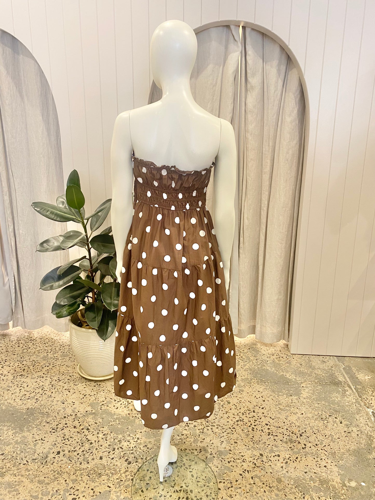 Kivari Brown Polka Dot Strapless Midi Dress - Size 12