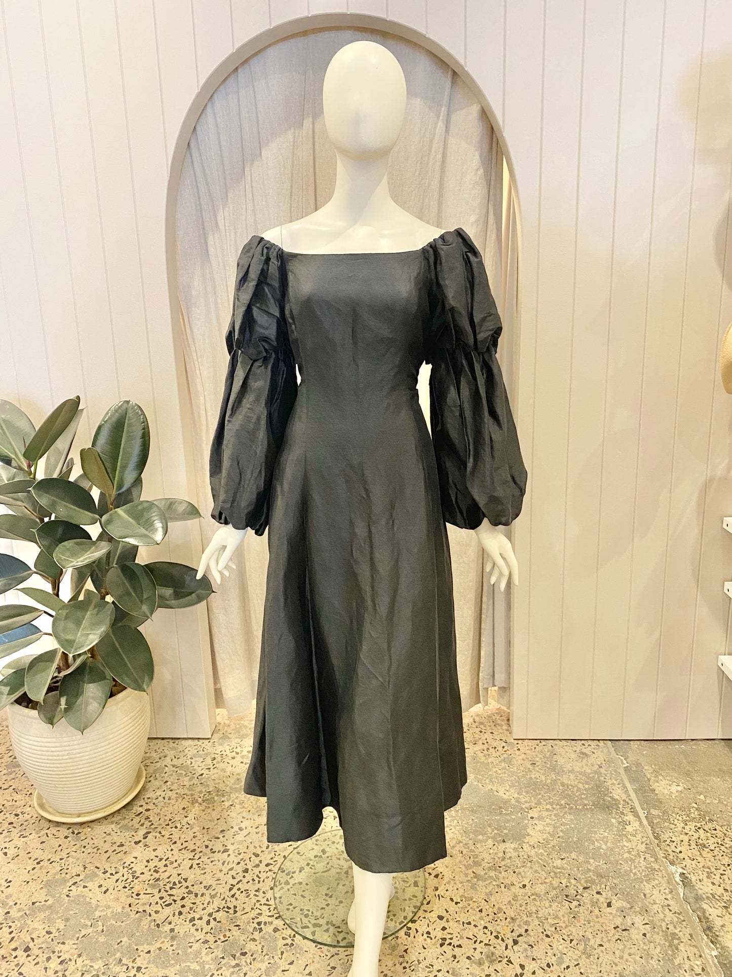 Country Road Black Silk and Linen Off Shoulder Dress  - Size 12