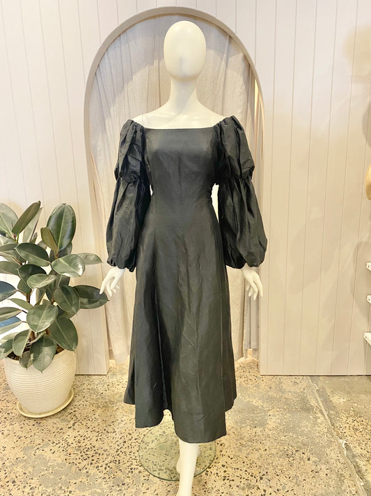 Country Road Black Silk and Linen Off Shoulder Dress  - Size 12