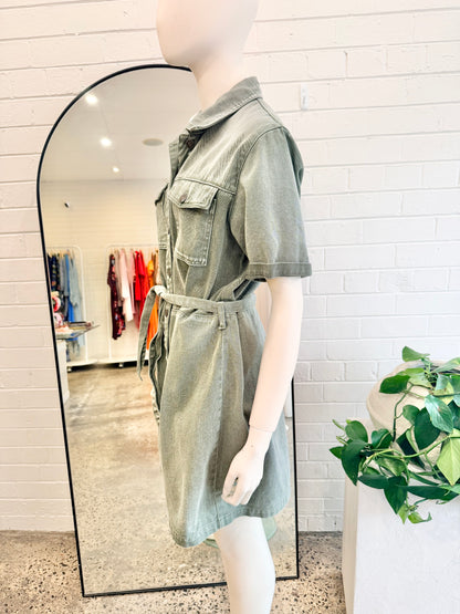 Ena Pelly Belted Denim Dress in Sage green - Size 12