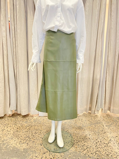 Serafina Vegan Leather Midi Skirt in Olive - Size 14