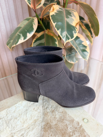 Chanel Dark Grey Suede Short Boots - Size 37
