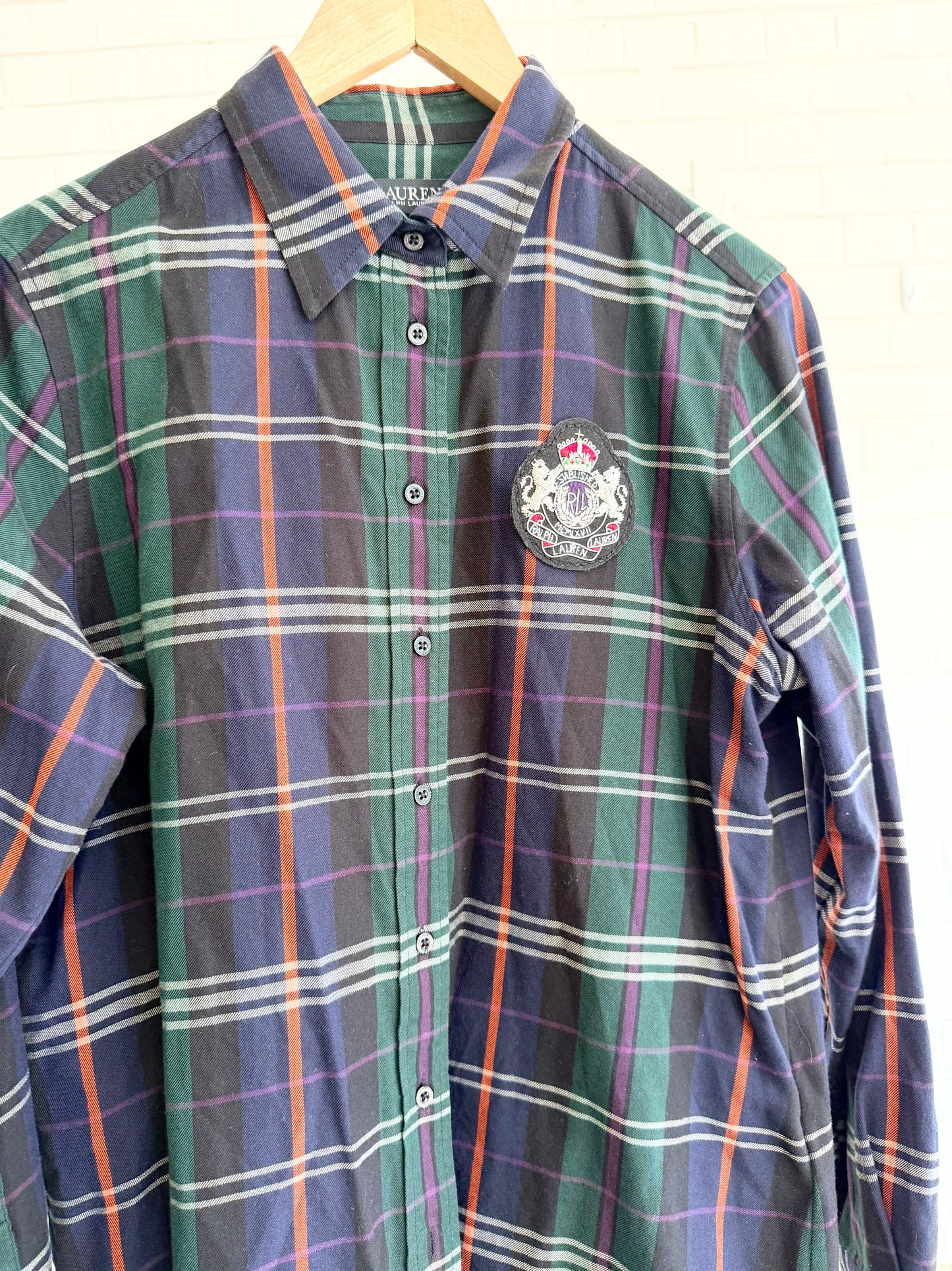 Polo Ralph Lauren Navy / Green Plaid Twill Shirt with beaded crest— Size M