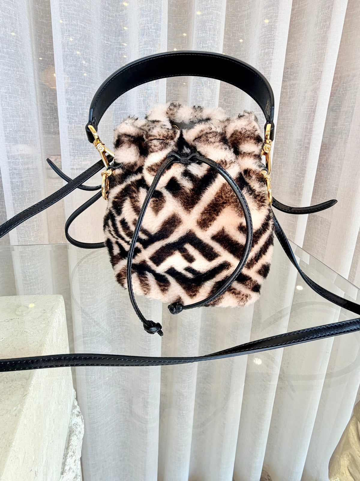 Fendi Tobacco Mini Zucca Shearling Mon Tresor Bucket Bag