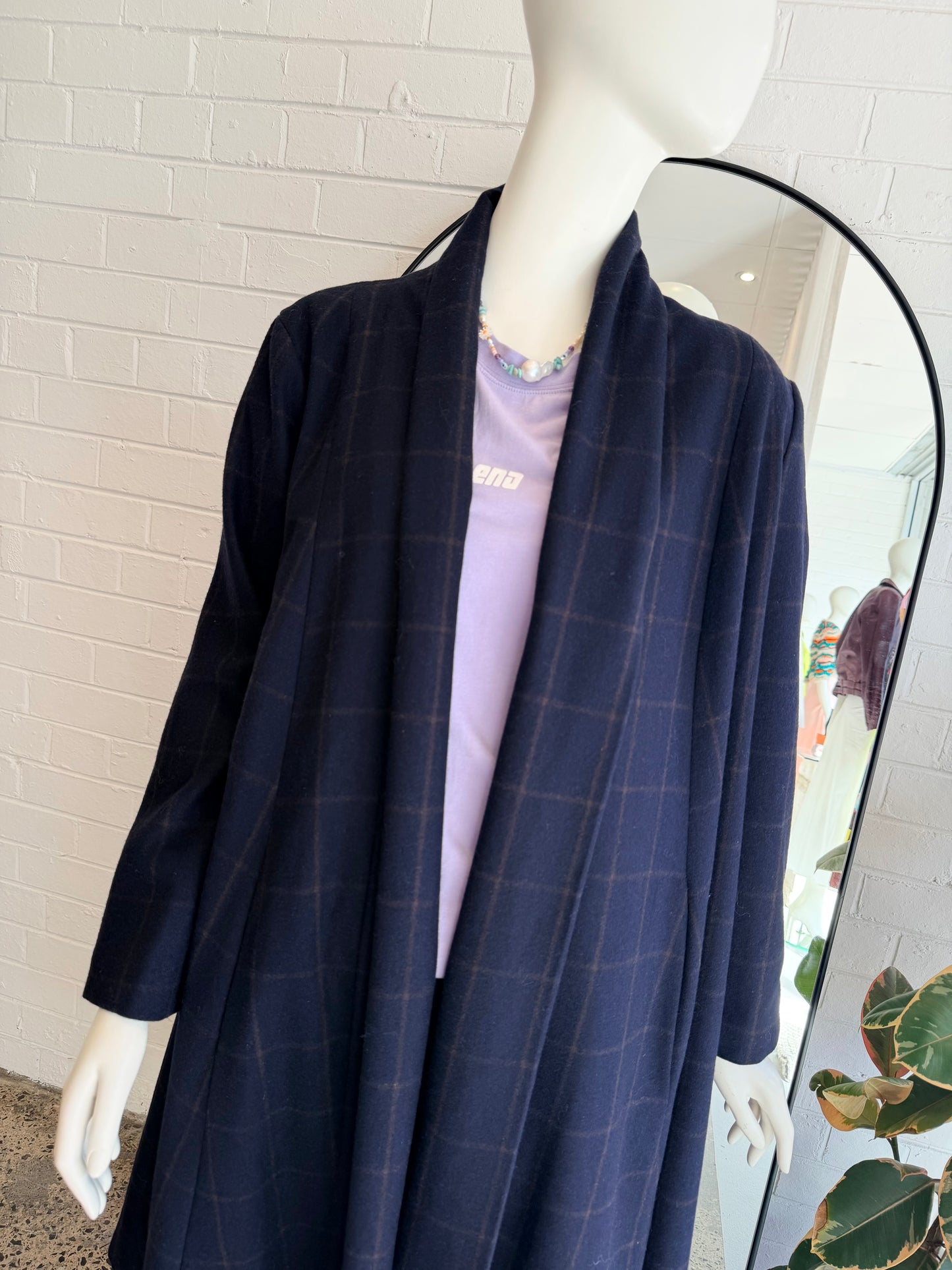 Alpha 60 Navy Check Wool Blend Coat - Size L