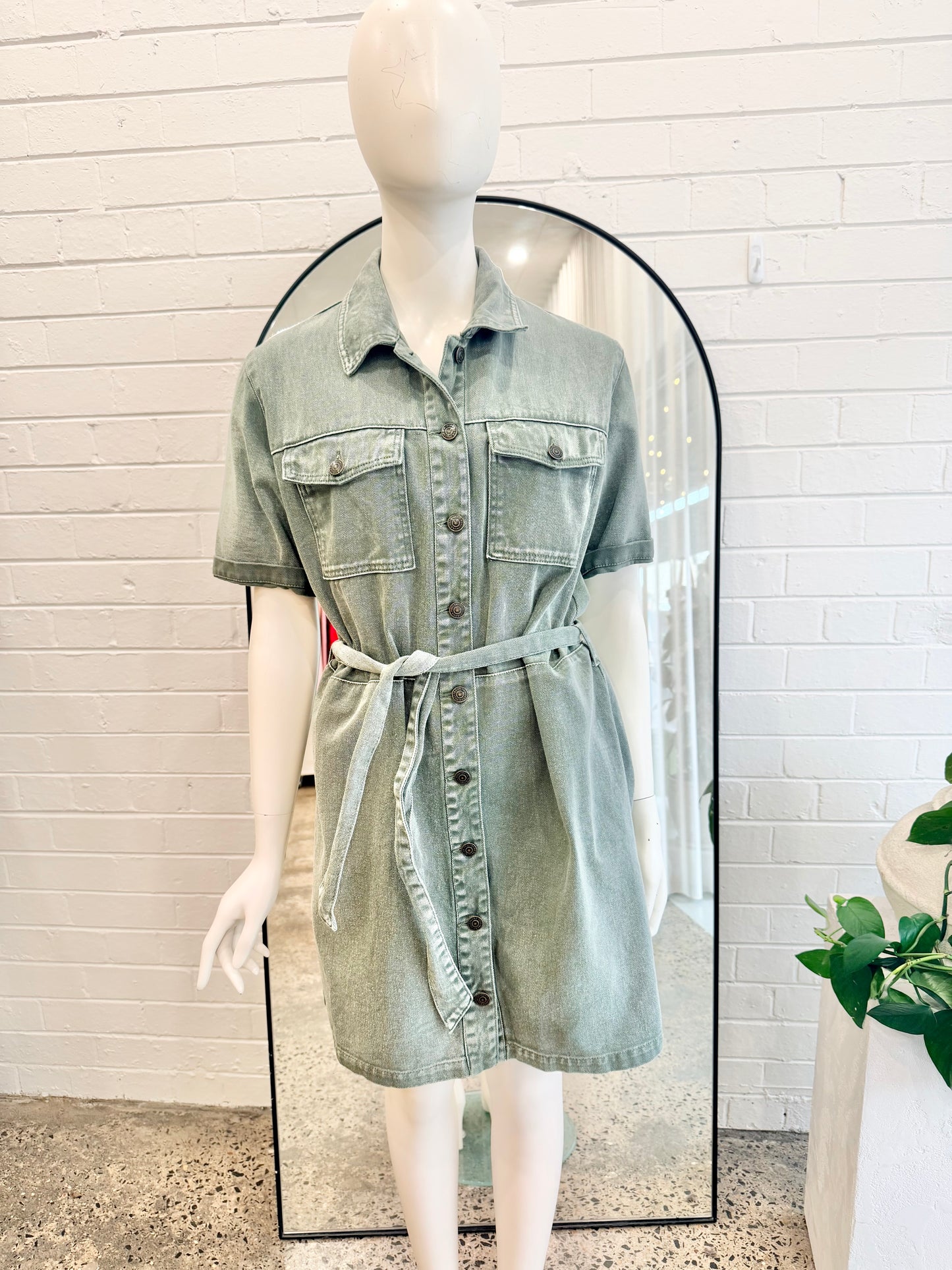 Ena Pelly Belted Denim Dress in Sage green - Size 12