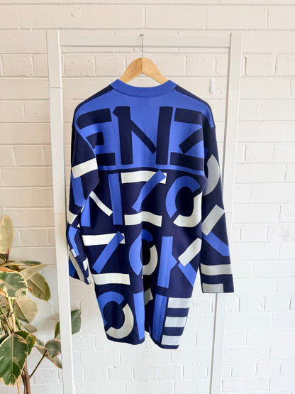 Kenzo Monogram Jacquard Sweater Dress in Navy - Size M (10/12)