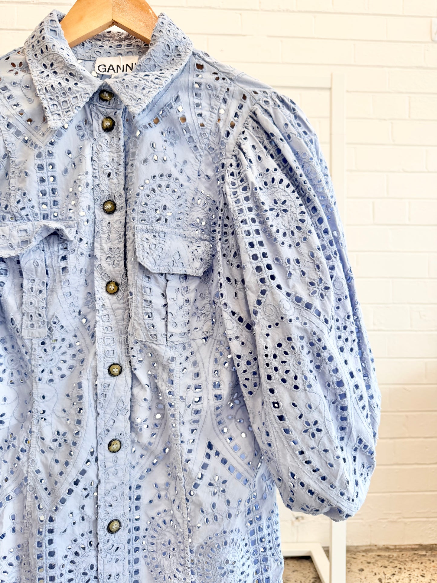 Ganni Blue Broderie Anglaise Balloon Sleeve Mini Shirt Dress - Size 8